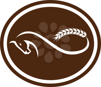 Illustration of a horse with malt wheat tail foring a mobius strip viewed from side set inside oval shape on isolated background done in retro style. 