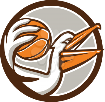 Illustration of a pelican holding dunking basketball viewed from the side set inside circle on isolated background done in retro style. 
