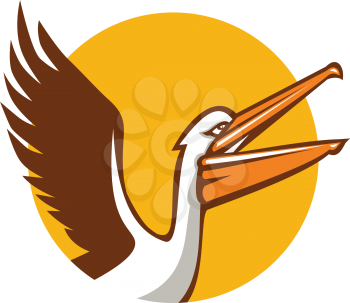 Illustration of a pelican flying up showing its wings viewed from the side set inside circle on isolated background done in retro style. 
