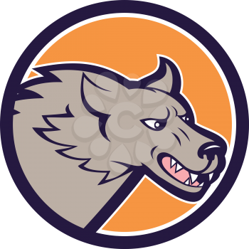 Illustration of a head of an angry grey wolf viewed from the side set inside circle on isolated background done in cartoon style. 