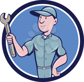 Illustration of a repairman handyman worker wearing hat holding spanner wrench looking to the side set inside circle done in cartoon style. 