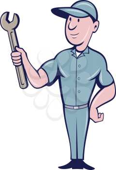 Illustration of a repairman handyman worker wearing hat standing holding spanner wrench looking to the side set on isolated white background done in cartoon style. 