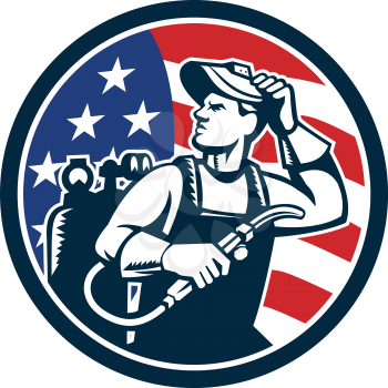 Illustration of a welder rod-holder with cable and electrode for electric arc welding and welder visor mask looking to the side with usa american stars and stripes flag in the background set inside ci