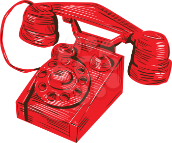 Drawing sketch style illustration of a 1930s vintage telephone viewed from front set on isolated white background.