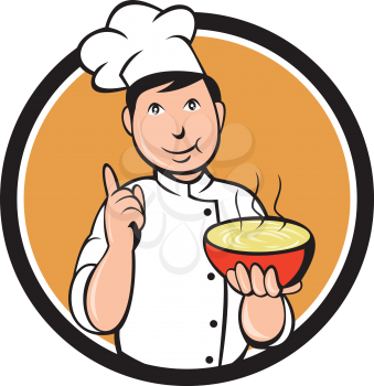 Illustration of an asian chef holding a bowl of noode and doing the number one sign with the other hand viewed from front set inside circle on isolated background done in cartoon style. 