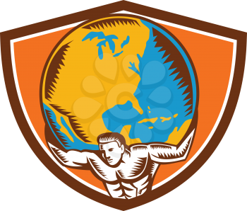Illustration of Atlas carrying lifting globe world earth on his back set inside shield crest on isolated background done in retro woodcut style. 