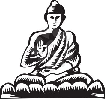 Illustration of a Gautama Buddha, Siddhārtha Gautama, Shakyamuni Buddha in lotus position viewed from front set on isolated white background done in retro woodcut style. 