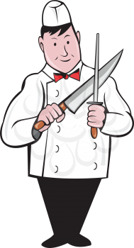 Illustration of a butcher cutter worker standing sharpening knife viewed from front set on isolated white background done in cartoon style.