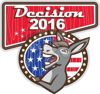 Illustration of a democrat donkey mascot of the democratic grand old party gop smiling looking to the side set inside oval shape with american stars and stripes flag in the background and the words De