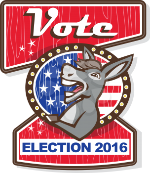 Illustration of a democrat donkey mascot of the democratic grand old party gop smiling looking to the side set inside oval shape with american stars and stripes flag in the background and the words Vo