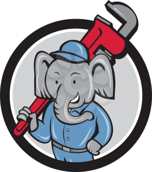 Illustration of an african elephant plumber mascot holding monkey wrench on shoulder set inside circle on isolated background done in cartoon style. 