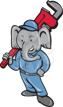 Illustration of an african elephant plumber mascot standing holding monkey wrench on shoulder set on isolated white background done in cartoon style. 