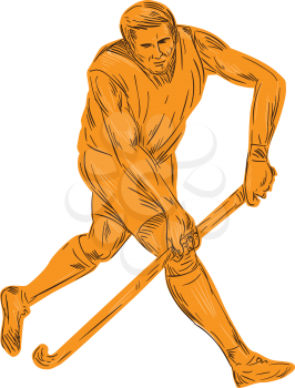 Drawing sketch style illustration of a field hockey player running with stick striking viewed from front set on isolated white background. 