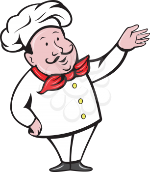 Illustration of a french chef cook baker with moustache wearing hat and bandana on neck standing with arm out welcoming greeting viewed from front set on isolated white background done in cartoon styl