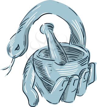 Drawing sketch style illustration of a hand holding mortar and pestle with snake on isolated white background. 
