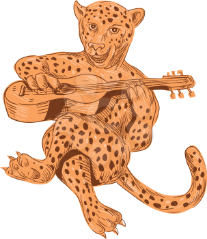 Drawing sketch style illustration of a jaguar sitting playing guitar viewed from front set on isolated white background. 