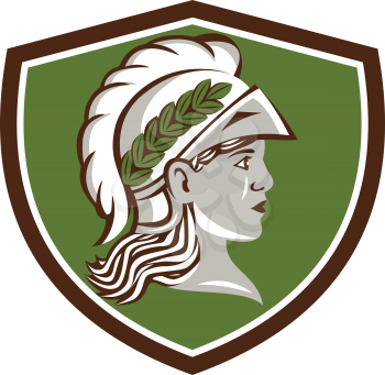 Illustration of Minerva or Menrva, the Roman goddess of wisdom and sponsor of arts, trade, and strategy wearing helment and laurel crown viewed from side set inside shield crest done in retro style. 