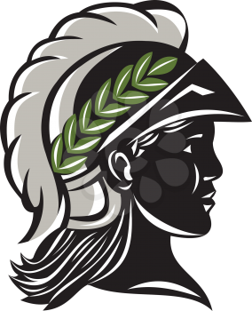 Illustration of Minerva or Menrva, the Roman goddess of wisdom and sponsor of arts, trade, and strategy wearing helmet and laurel crown head in a silhouette viewed from side set on isolated white back