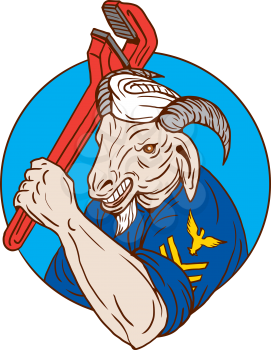 Illustration of a navy goat holding pipe wrench set inside circle on isolated background done in retro style. 