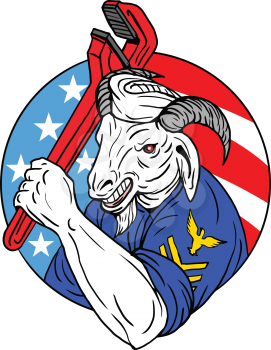 Illustration of a navy goat holding pipe wrench set inside circle with usa american flag stars and stripes in the background done in retro style. 