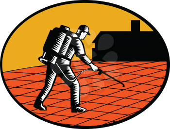 Illustration of a paver sealer contractor sealing paving with house in the background set inside oval shape done in retro woodcut style. 