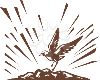 Illustration a plover bird landing on a treeless island set on isolated white background done in retro woodcut style.