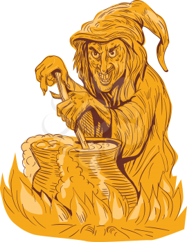 Drawing sketch style illustration of a witch stirring brew in a pot facing front set on isolated white background. 