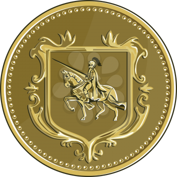 Illustration of knight in full armor with lance riding horse steed viewed from the side set inside coat of arms shield crest and medallion done in retro style. 