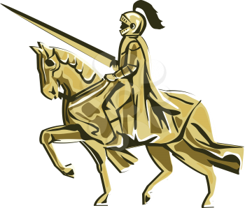 Illustration of knight in full armor with lance riding horse steed viewed from the side set on isolated white background done in retro style. 