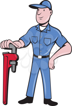 Illustration of a plumber pipe worker standing leaning on pipe wrench with other hand on hips viewed from front set on isolated white background done in cartoon style. 
background.