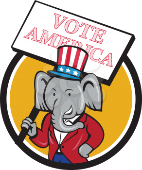 Illustration of an American Republican GOP elephant mascot wearing suit and stars and stripes hat holding placard sign with the words Vote America set inside circle done in cartoon style. 
