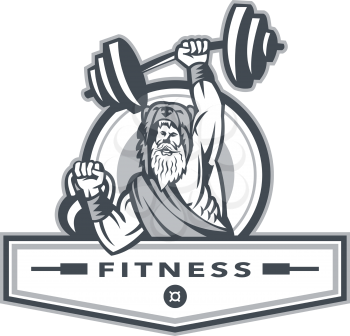 Illustration of a berserker, a champion Norse warrior wearing pelt of bear skin lifting barbell and kettlebell viewed from front set inside circle with the word text Fitness inside banner done in retr