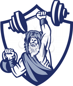 Illustration of a berserker, a champion Norse warrior wearing pelt of bear skin lifting barbell and kettlebell viewed from front set inside shield crest on isolated background done in retro style. 