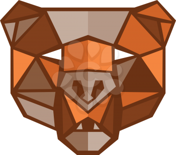Low polygon style illustration of a brown bear head viewed from front set on isolated white background. 