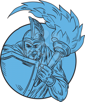 Drawing sketch style illustration of centurion roman soldier gladiator holding flaming torch and shield viewed from front set inside circle on isolated background. 