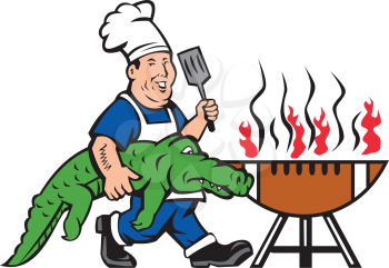 Illustration of a chef smiling carrying alligator in one hand and holding spatula in the other hand cooking with bbq grill viewed from front set on isolated white background done in cartoon style. 