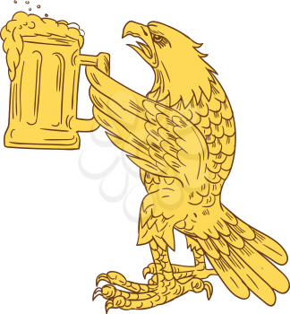 Drawing sketch style illustration of an american bald eagle hoisting beer mug stein viewed from the side set on isolated white background. 