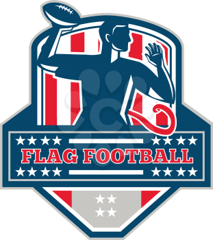 Illustration of a flag football player QB passing ball viewed from the side set inside shield crest with the words text Flag Football done in retro style. 