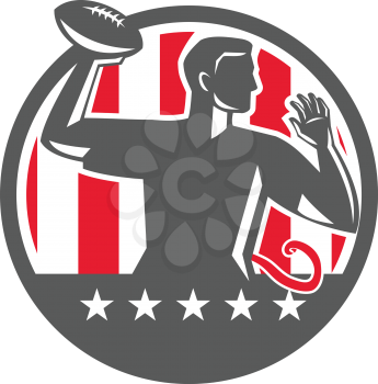 Illustration of a flag football player QB passing ball viewed from the side set inside circle with stars and stripes in the background done in retro style. 
