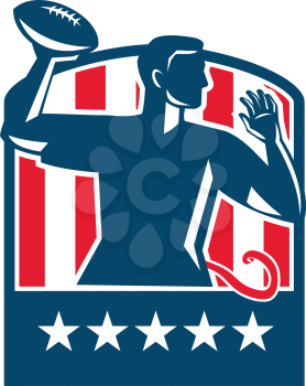 Illustration of a flag football player QB passing ball viewed from the side set inside shield crest with usa american stars and stripes flag in the background done in retro style. 