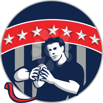 Illustration of a flag football player QB holding ball running set inside circle with stars and stripes in the background done in retro style. 