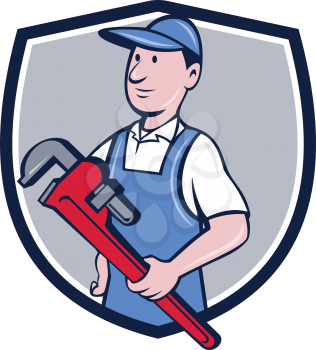 Illustration of a handyman wearing hat looking to the side holding pipe wrench viewed from front set inside crest shield on isolated background done in cartoon style. 
