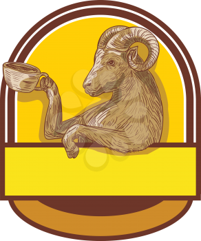Drawing sketch style illustration of a ram goat drinking coffee viewed from the side set inside crest. 