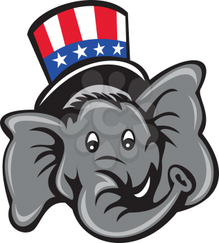 Illustration of an American Republican GOP elephant mascot head wearing usa stars and stripes top hat viewed from front set on isolated white background done in cartoon style. 