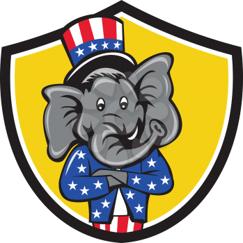 Illustration of an American Republican GOP elephant mascot arms crossed wearing usa stars and stripes top hat and suit viewed from front set inside shield crest on isolated background done in cartoon 