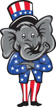 Illustration of an American Republican GOP elephant mascot standing and arms crossed wearing usa stars and stripes top hat and suit viewed from front set inside circle on isolated background done in c
