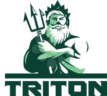 Illustration of triton mythological god arms crossed holding trident viewed from front set on isolated white background with the word text Triton done in retro style. 