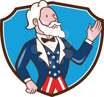 Illustration of Uncle Sam wearing american stars and stripes suit waving hand looking to the side viewed from front set inside shield crest on isolated background done in cartoon style. 