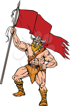 Illustration of a norseman viking warrior raider barbarian wearing horned helmet with beard holding brandishing red flag viewed from front set on isolated white background done in retro style. 