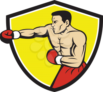 Illustration of a boxer wearing boxing gloves jabbing punching boxing viewed from the side set inside shield crest done in cartoon style. 